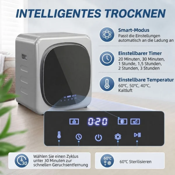 Abluftdroger 2,5 Kg Met Smart Modus, 800 W Compactdroger Met RVS Trommel, Zilver
