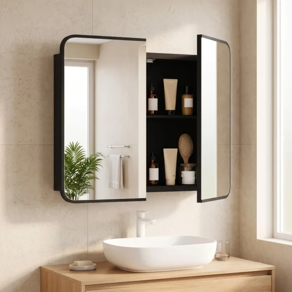 Badezimmer Spiegelschrank Wandmontiert, Badezimmerschrank Mit Magnettür In Schwarz
