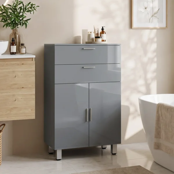 Badezimmerschrank, Badkommode, 2 Schubladen, Verstellbares Regal, Holz, Grau
