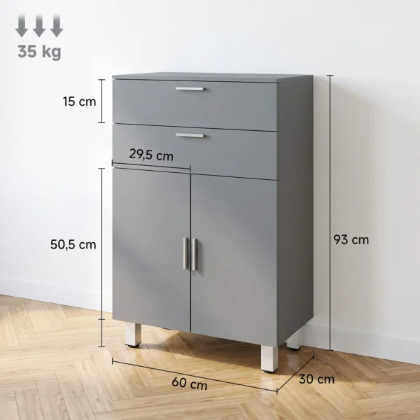 Badezimmerschrank, Badkommode, 2 Schubladen, Verstellbares Regal, Holz, Grau