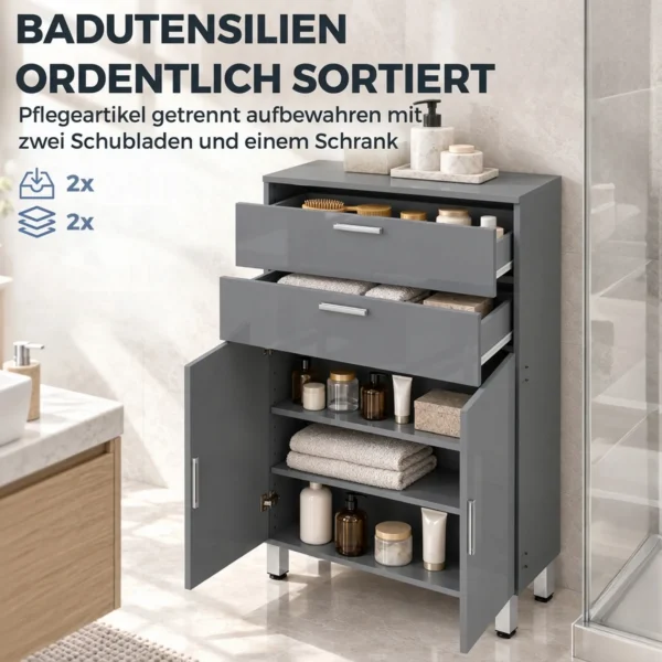 Badezimmerschrank, Badkommode, 2 Schubladen, Verstellbares Regal, Holz, Grau