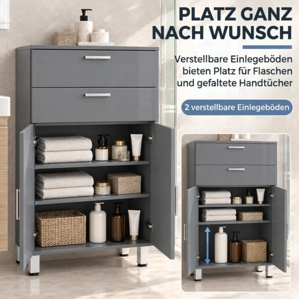 Badezimmerschrank, Badkommode, 2 Schubladen, Verstellbares Regal, Holz, Grau
