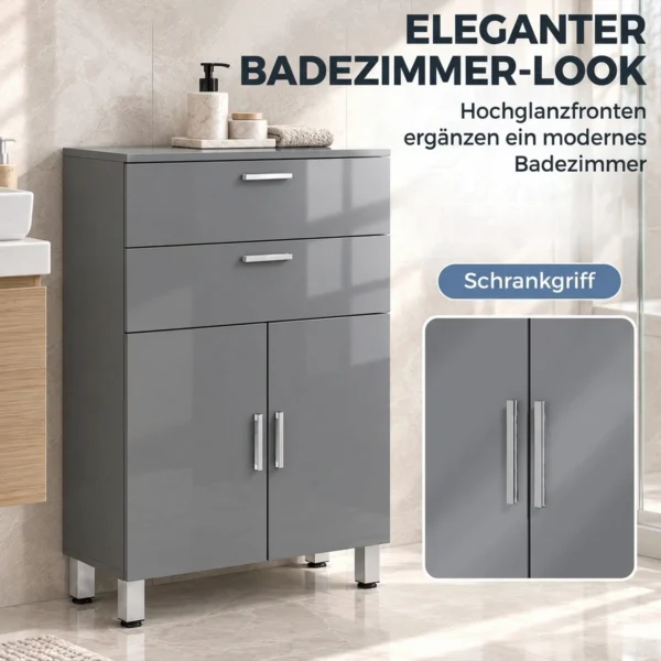 Badezimmerschrank, Badkommode, 2 Schubladen, Verstellbares Regal, Holz, Grau