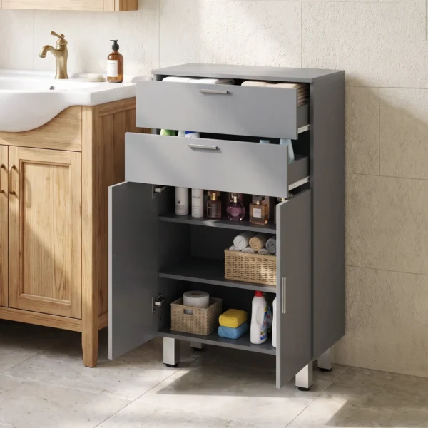 Badezimmerschrank, Badkommode, 2 Schubladen, Verstellbares Regal, Holz, Grau