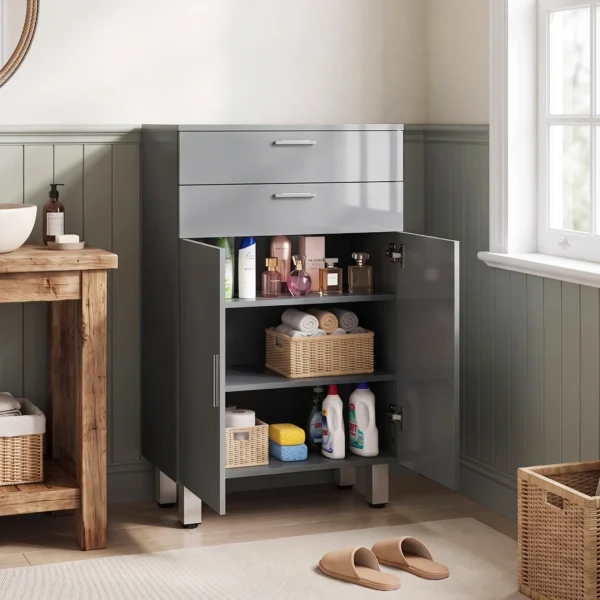 Badezimmerschrank, Badkommode, 2 Schubladen, Verstellbares Regal, Holz, Grau