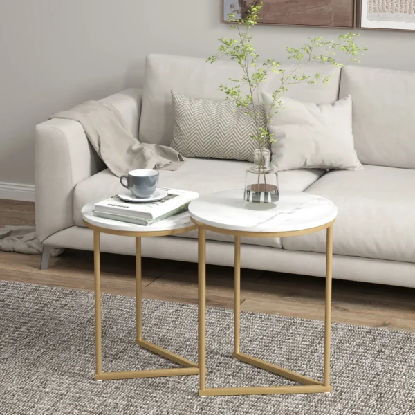 Bijzettafel 2 delig Set, Moderne Salontafel Met Gouden Stalen Poten Voor Woonkamer, Slaapkamer