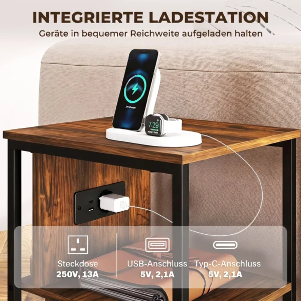 Bijzettafel Met Oplaadstation En 2 Open Planken, Tijgerhout look