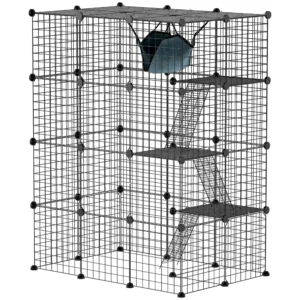 Binnen Kattenkooi 140 Cm, 4 verdiepingen Stalen Kattenverblijf Met 5 Deuren, Ladders, Hangmat En Platform, DIY Zwart