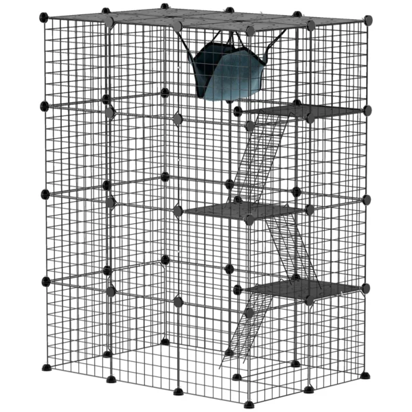 Binnen Kattenkooi 140 Cm, 4 verdiepingen Stalen Kattenverblijf Met 5 Deuren, Ladders, Hangmat En Platform, DIY Zwart