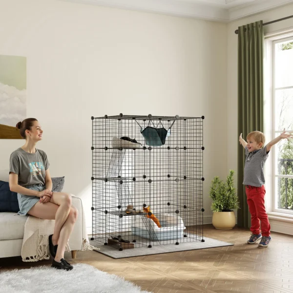Binnen Kattenkooi 140 Cm, 4 verdiepingen Stalen Kattenverblijf Met 5 Deuren, Ladders, Hangmat En Platform, DIY Zwart