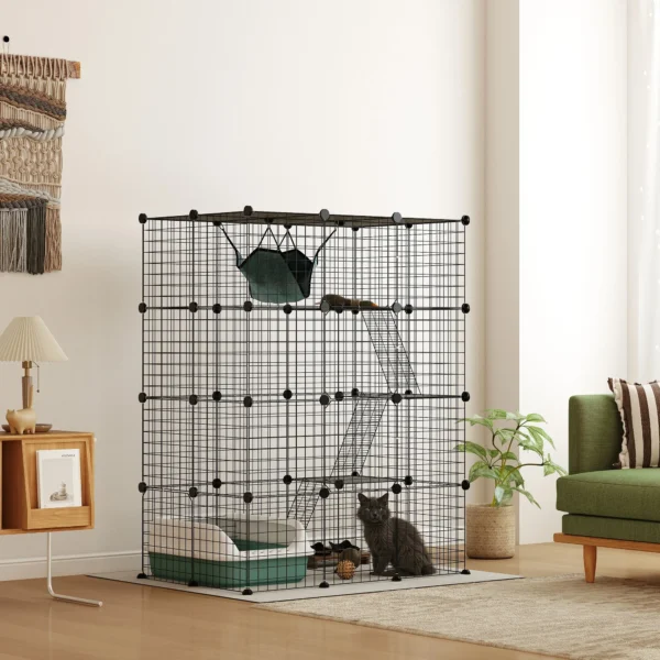 Binnen Kattenkooi 140 Cm, 4 verdiepingen Stalen Kattenverblijf Met 5 Deuren, Ladders, Hangmat En Platform, DIY Zwart