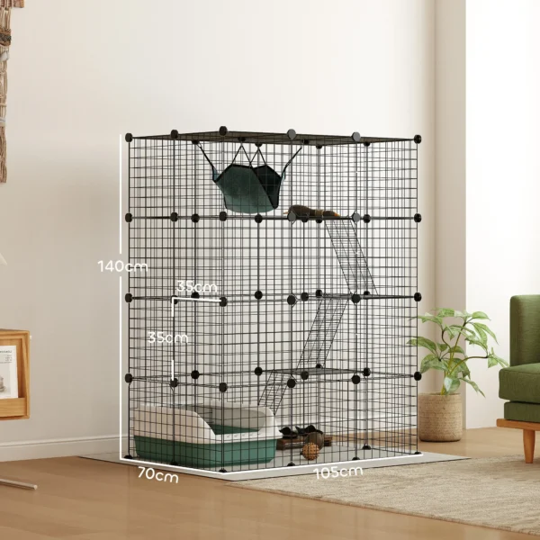 Binnen Kattenkooi 140 Cm, 4 verdiepingen Stalen Kattenverblijf Met 5 Deuren, Ladders, Hangmat En Platform, DIY Zwart