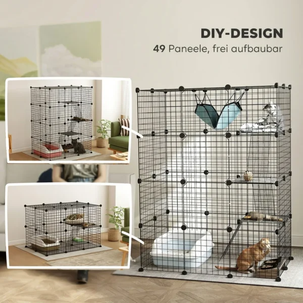 Binnen Kattenkooi 140 Cm, 4 verdiepingen Stalen Kattenverblijf Met 5 Deuren, Ladders, Hangmat En Platform, DIY Zwart