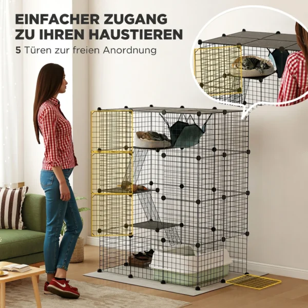 Binnen Kattenkooi 140 Cm, 4 verdiepingen Stalen Kattenverblijf Met 5 Deuren, Ladders, Hangmat En Platform, DIY Zwart