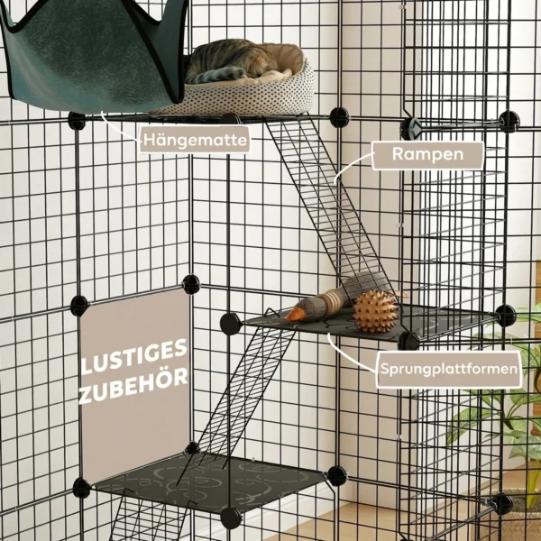 Binnen Kattenkooi 140 Cm, 4 verdiepingen Stalen Kattenverblijf Met 5 Deuren, Ladders, Hangmat En Platform, DIY Zwart