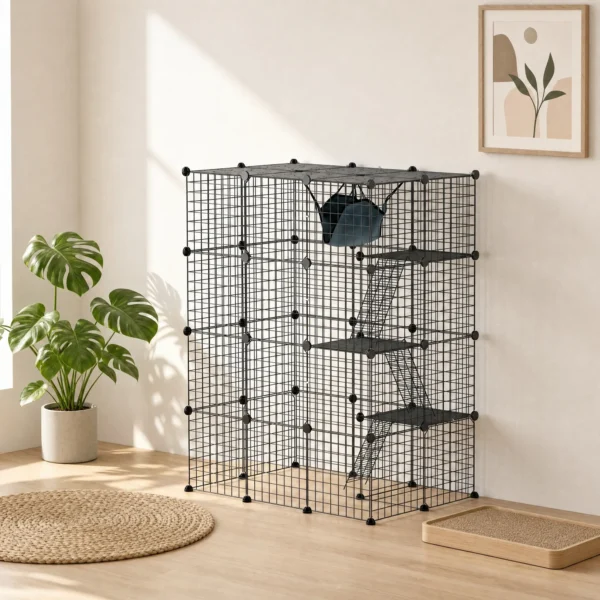 Binnen Kattenkooi 140 Cm, 4 verdiepingen Stalen Kattenverblijf Met 5 Deuren, Ladders, Hangmat En Platform, DIY Zwart