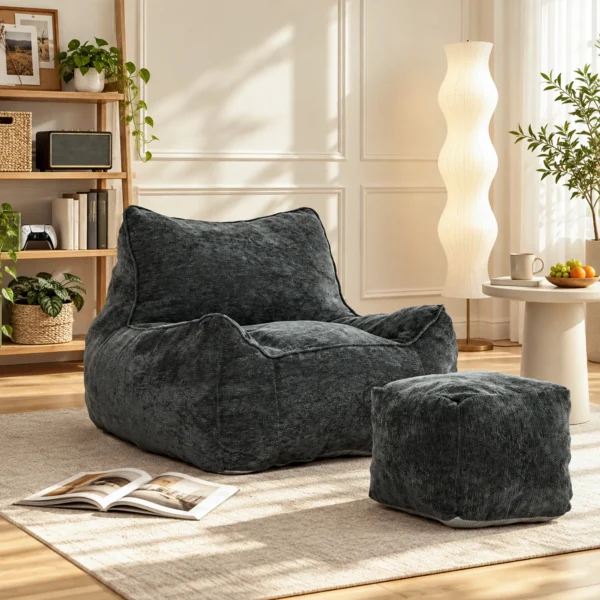 Bodemstoel Met Ottoman, Frameless Cloud stoel Van Chenille, Met Rugleuning En Armleuningen
