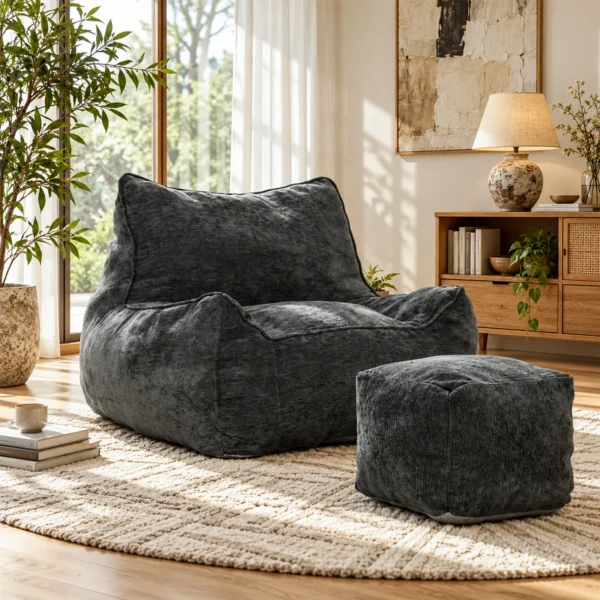 Bodemstoel Met Ottoman, Frameless Cloud stoel Van Chenille, Met Rugleuning En Armleuningen