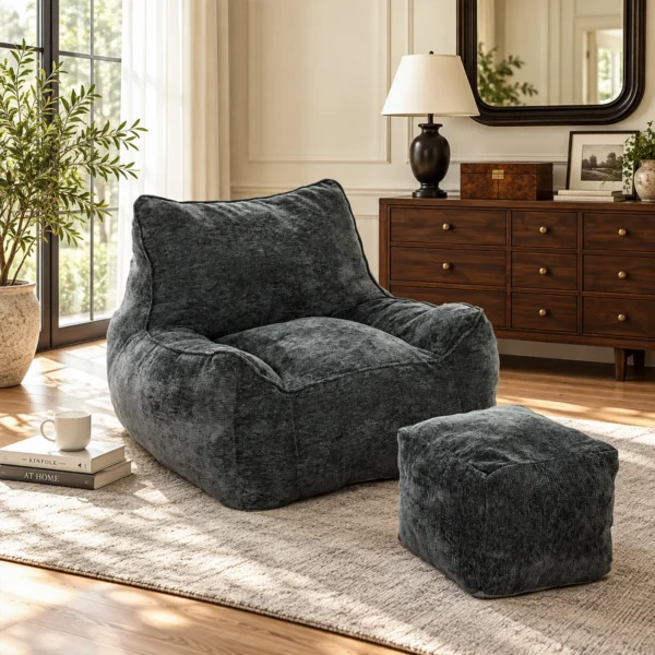Bodemstoel Met Ottoman, Frameless Cloud stoel Van Chenille, Met Rugleuning En Armleuningen