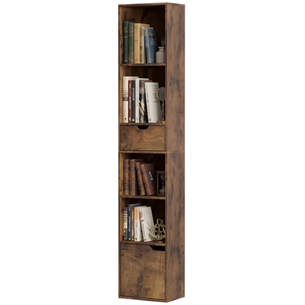Boekenkast Met 6 Niveaus, 3 traps Verstelbaar, Met Lade, Kastdeur, Aanpasbaar Rek, Tentoonstellingsrek, Bruin