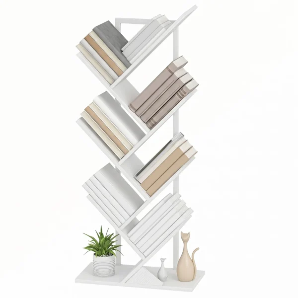 Boekenkast Staand Rek Met 7 Niveaus Smal Rek In Boomvorm Voor Kantoor, Rustiek Wit