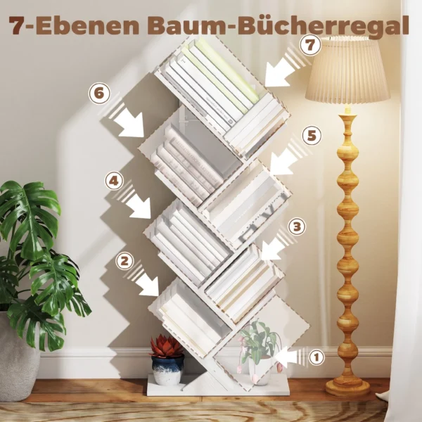 Boekenkast Staand Rek Met 7 Niveaus Smal Rek In Boomvorm Voor Kantoor, Rustiek Wit