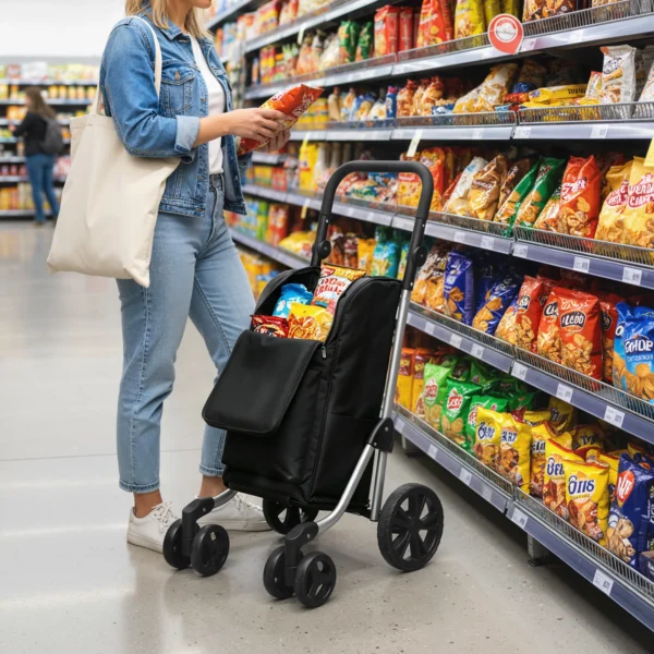 Boodschappentrolley, 46 Liter Tas, Opvouwbare Boodschappenwagen Met Koeltas, Verstelbare Handgreep, Aluminium Frame, Zwart