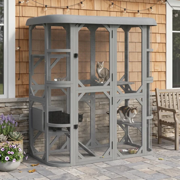 Buiten Kattenverblijf Beloopbaar Houten Kattenhuis Met 4 Platformen Waterafstotend Oxford dak 2 3 Katten Tot 8 Kg