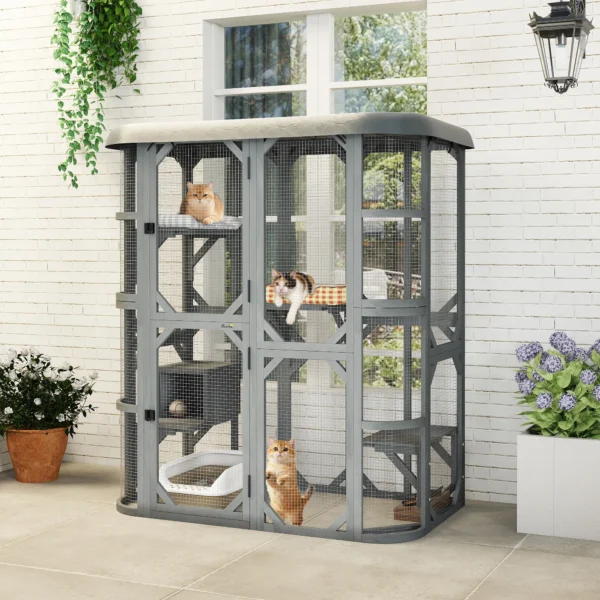 Buiten Kattenverblijf Beloopbaar Houten Kattenhuis Met 4 Platformen Waterafstotend Oxford dak 2 3 Katten Tot 8 Kg