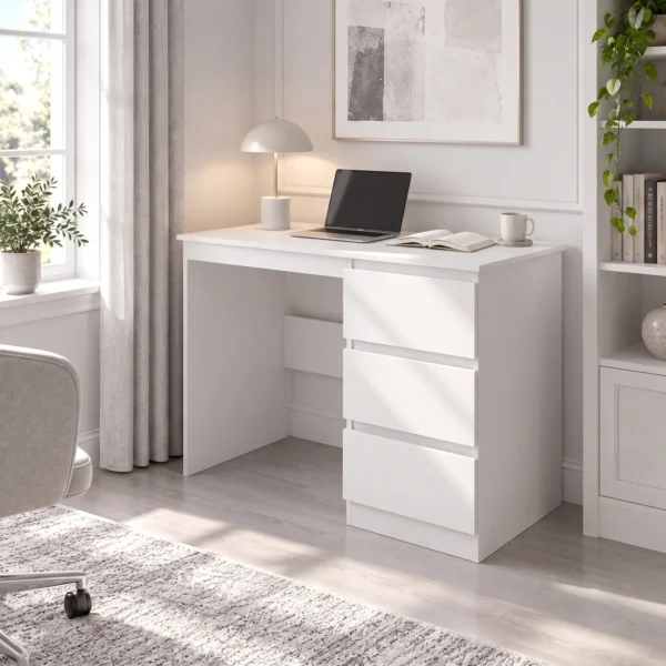 Computertafel Bureau Met 3 Lades, Moderne Bureautafel PC Tafel 100 X 50 X 75 Cm, Wit