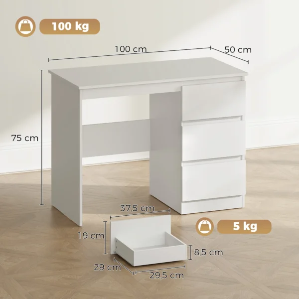 Computertafel Bureau Met 3 Lades, Moderne Bureautafel PC Tafel 100 X 50 X 75 Cm, Wit