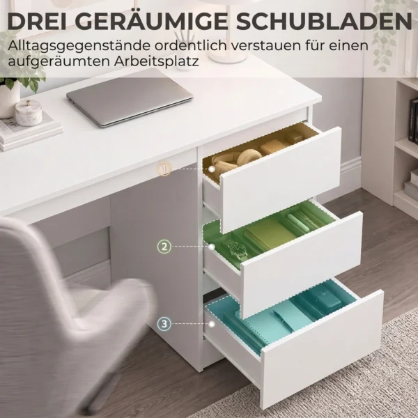 Computertafel Bureau Met 3 Lades, Moderne Bureautafel PC Tafel 100 X 50 X 75 Cm, Wit