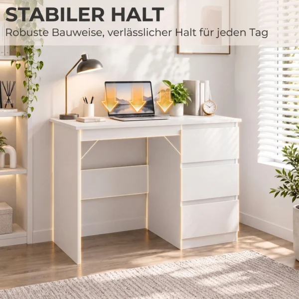 Computertafel Bureau Met 3 Lades, Moderne Bureautafel PC Tafel 100 X 50 X 75 Cm, Wit