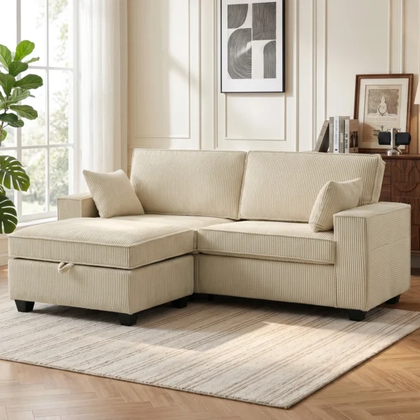 Ecksofa 216 Cm 3 zits L vormige Bank Met Omkeerbare Opbergkruk, Corduroy look, Brede Zitting, Voor Woonkamer
