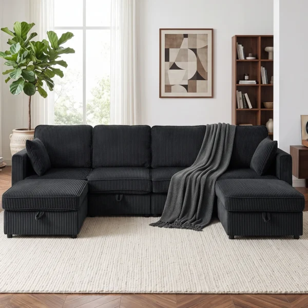 Ecksofa 4 zits U vormige Bank Met Opberg ottomaan, 306 Cm Hoekbank Met Corduroy look, 4 Kussens, Voor Woonkamer