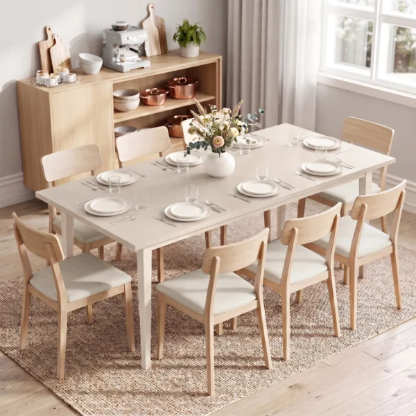 Eettafel Voor 8 Personen, Moderne Keukentafel Met Massief Houten Poten, 180 Cm, Crème