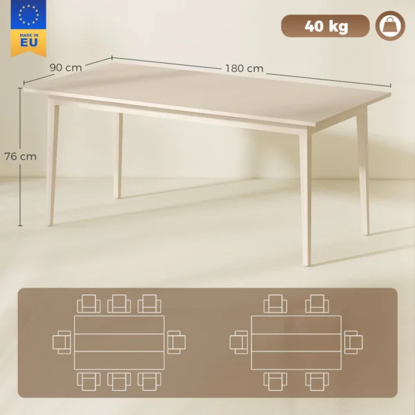 Eettafel Voor 8 Personen, Moderne Keukentafel Met Massief Houten Poten, 180 Cm, Crème