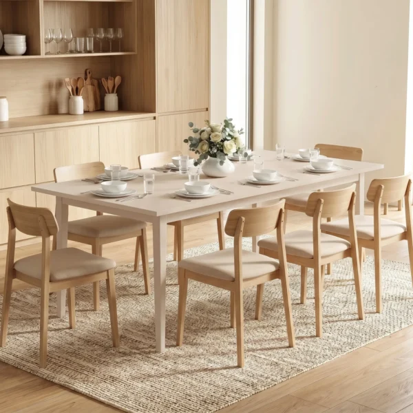 Eettafel Voor 8 Personen, Moderne Keukentafel Met Massief Houten Poten, 180 Cm, Crème