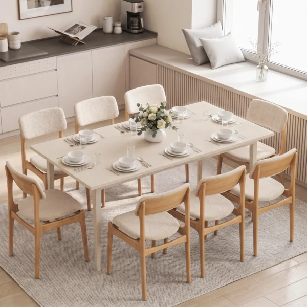Eettafel Voor 8 Personen, Moderne Keukentafel Met Massief Houten Poten, 180 Cm, Crème