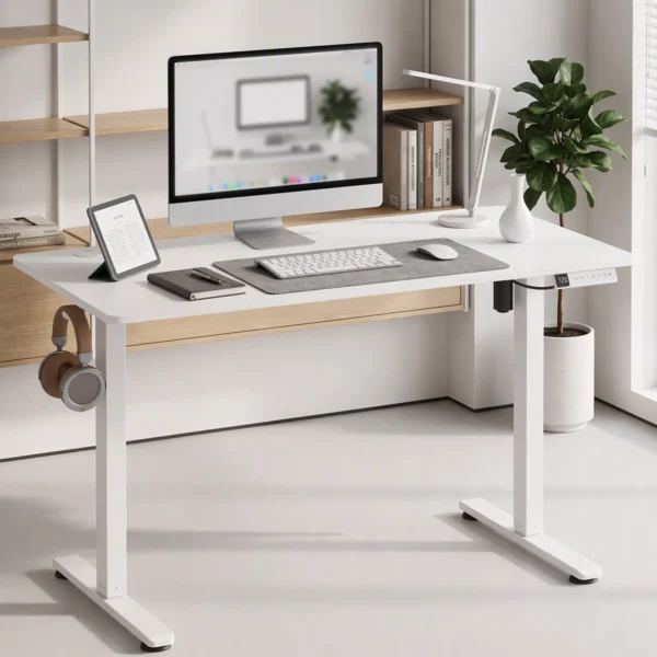 Elektrisch Verstelbare Staande Bureau Met LCD Display, Kabeldoorvoer & Haken, Wit