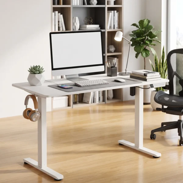 Elektrisch Verstelbare Staande Bureau Met LCD Display, Kabeldoorvoer & Haken, Wit
