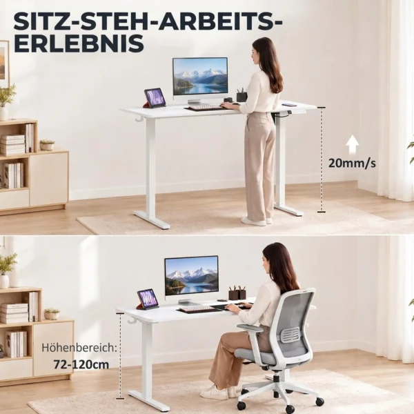 Elektrisch Verstelbare Staande Bureau Met LCD Display, Kabeldoorvoer & Haken, Wit