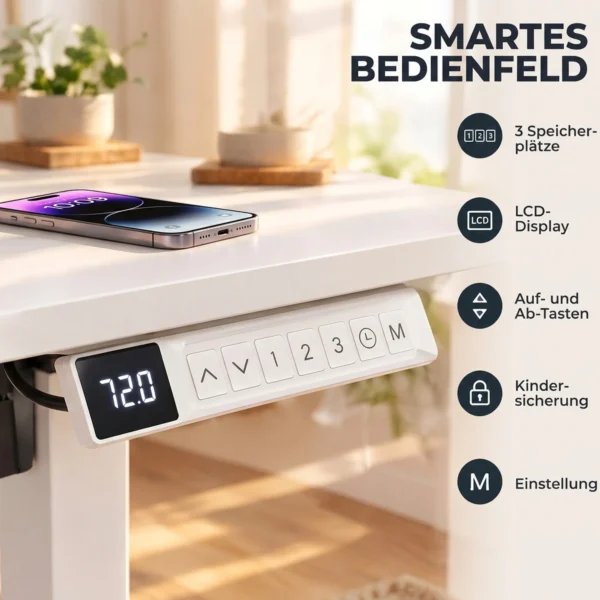 Elektrisch Verstelbare Staande Bureau Met LCD Display, Kabeldoorvoer & Haken, Wit