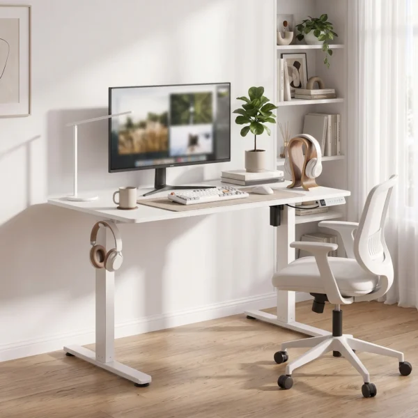 Elektrisch Verstelbare Staande Bureau Met LCD Display, Kabeldoorvoer & Haken, Wit