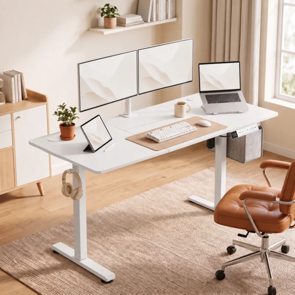 Elektrisch Verstelbare Staande Bureau Met LCD Display, Kabeldoorvoeringen & Haken, Wit