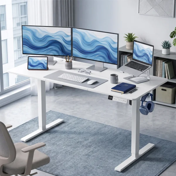 Elektrisch Verstelbare Staande Bureau Met LCD Display, Kabeldoorvoeringen & Haken, Wit