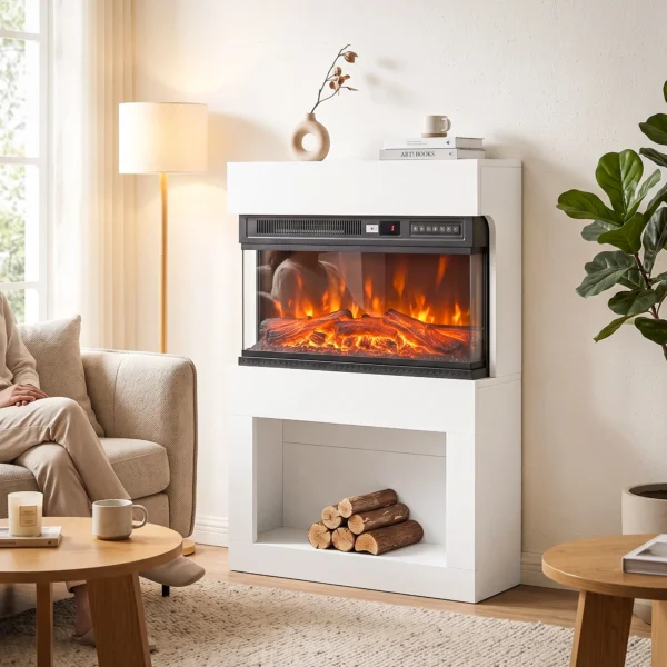 Elektrische Haard Met 3D Vlam Effect, Wandhaard, Elektrische Open Haard, 64 Cm, Wit