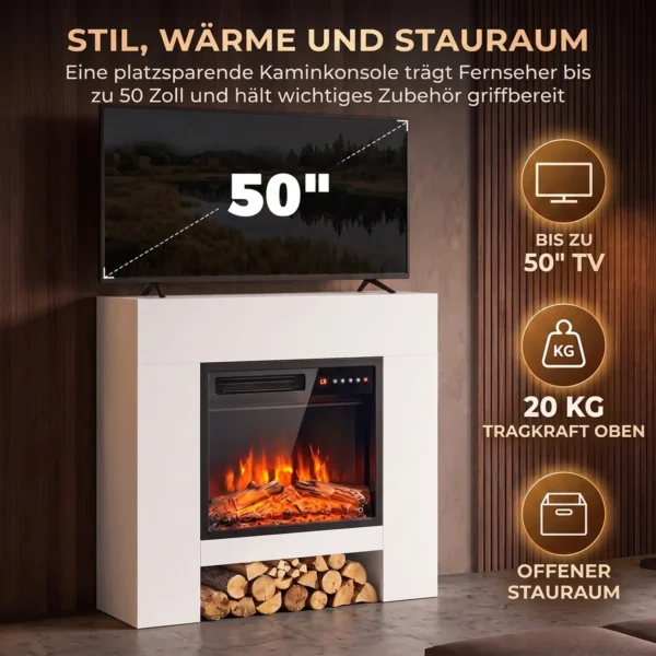 Elektrische Haard Met Schouw Verwarming TV standaard Kachel Inclusief Afstandsbediening 50 Inch 75cm Wit