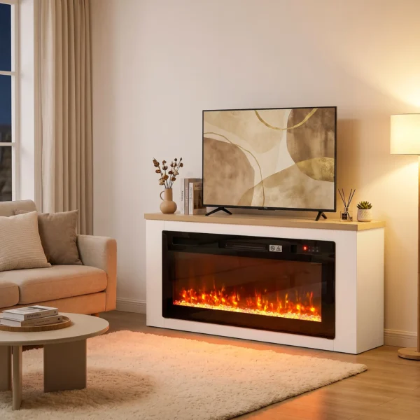 Elektrische Haard Met Verwarming, 12 Vlamkleuren, TV meubel Met Haard Voor TV Tot 55 Inch, 114 Cm Wit