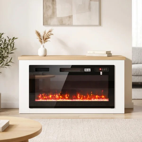 Elektrische Haard Met Verwarming, 12 Vlamkleuren, TV meubel Met Haard Voor TV Tot 55 Inch, 114 Cm Wit